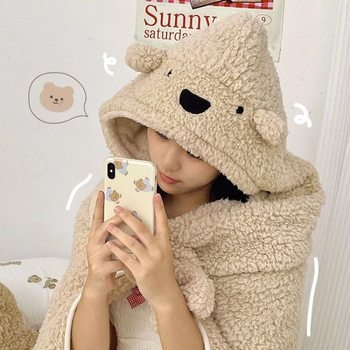 Cartoon Bear Cute Autumn and Winter Thickeneded Warm Blanket Shawl with Hood Student Lunch Break Nap Blanket Cloak Style
