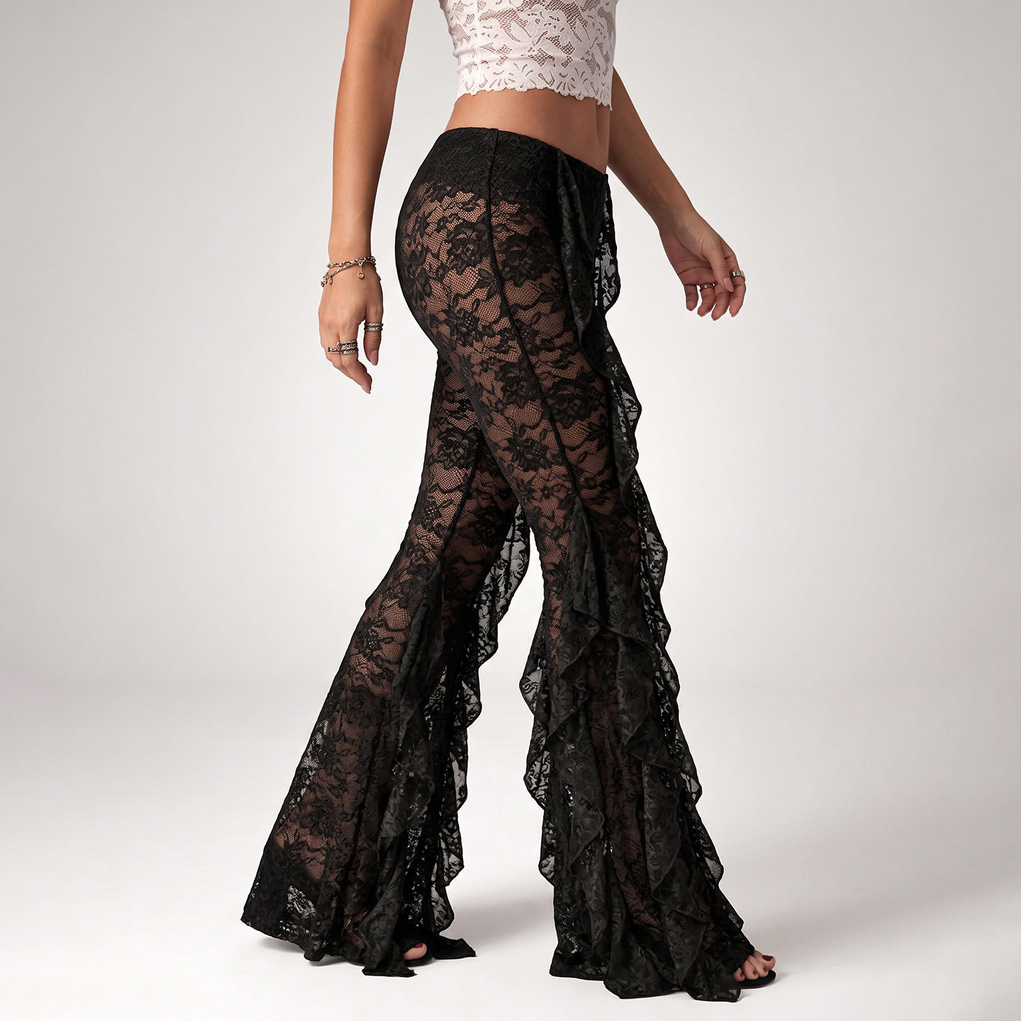 Womens Fashionable Ruffled Hem Slim Fit Pants Sheer Sexy Trendy Autumn Collection Wholesale Available