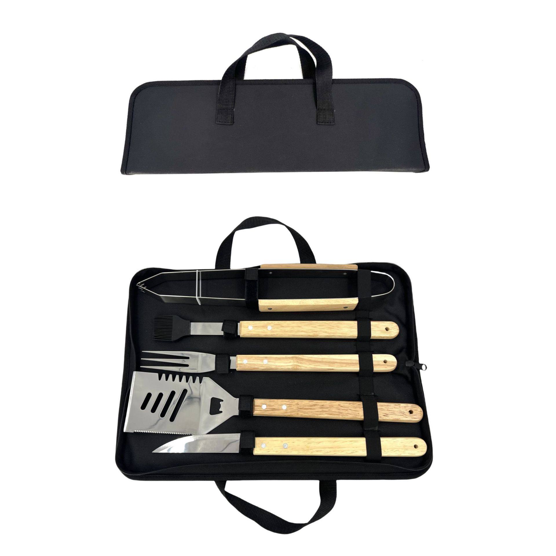 Stainless Steel Grill Set Wooden Handle Barbecue Tools Five-Piece Set Outdoor Portable Barbecue Accessories Oak Handle Food Tongs