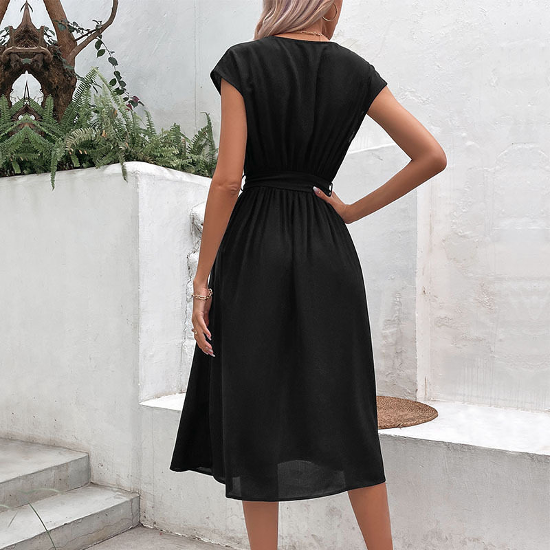 Elegant Black V Neck Dress Minimalist Style Versatile Fit Summer Fashion Wholesale Available