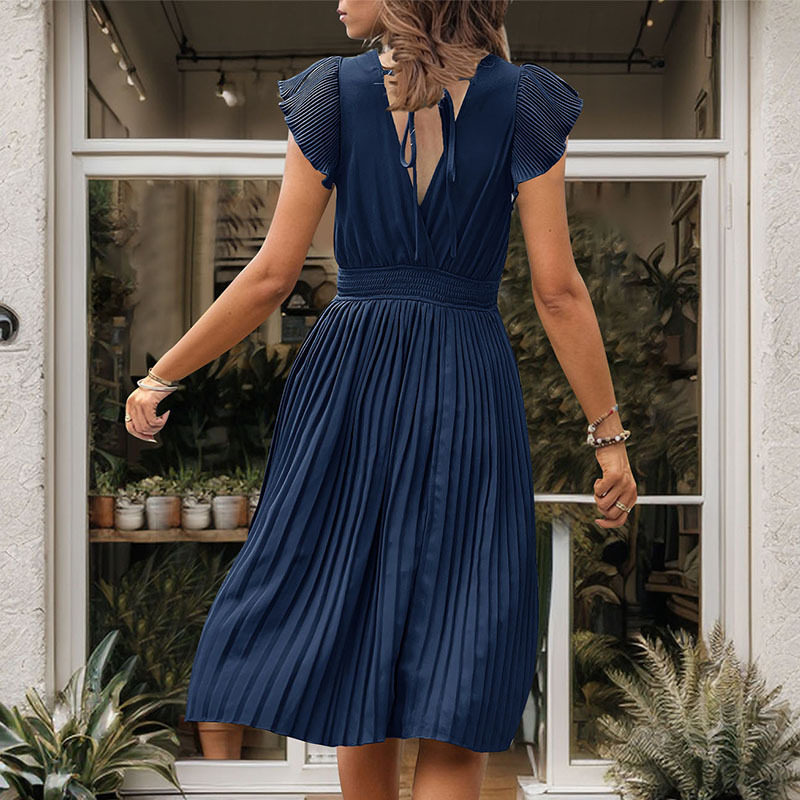 Summer Pleated Dress Elegant Short Sleeve Solid Color Minimalist Style Perfect for Casual Outings Wholesale