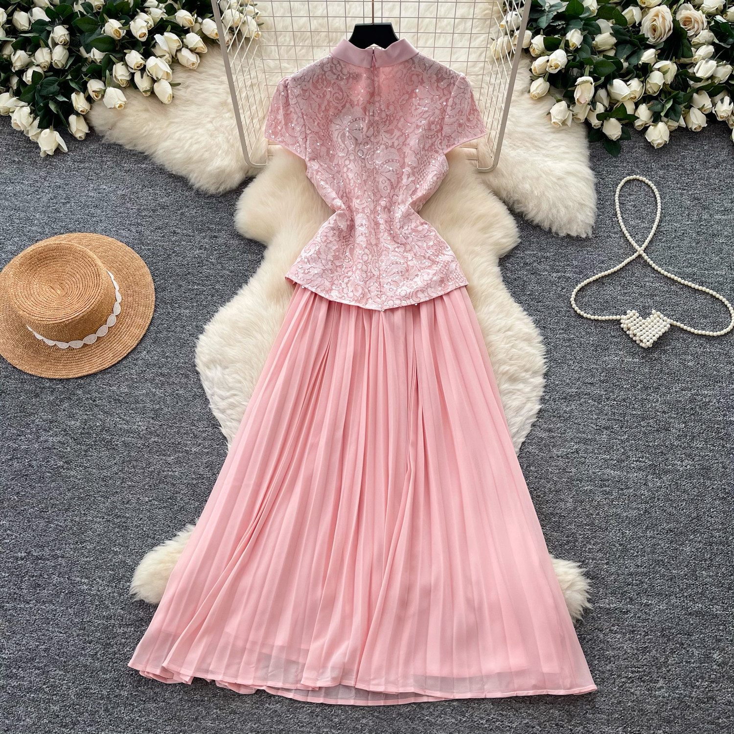 Elegant Pink Lace Dress High Waist Pleated Slim Fit Summer Office Wear for Women Wholesale Available