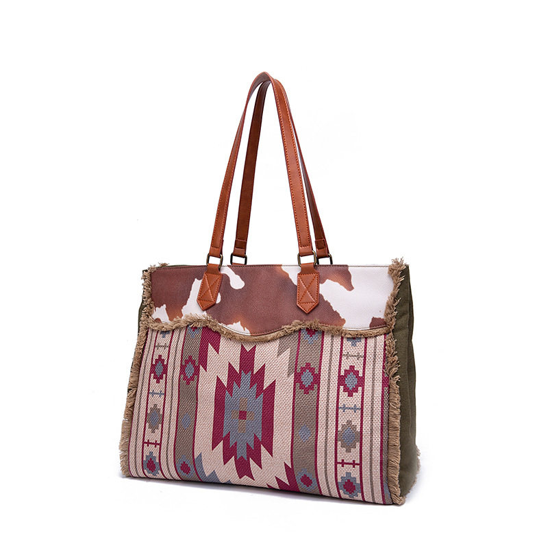 Túi Tote Nữ Vải Canvas Cotton Họa Tiết Bohemian Vintage Đeo Vai, Đeo Chéo, Xách Tay Màu Nâu, Xanh, Đỏ, Be chi tiết 15