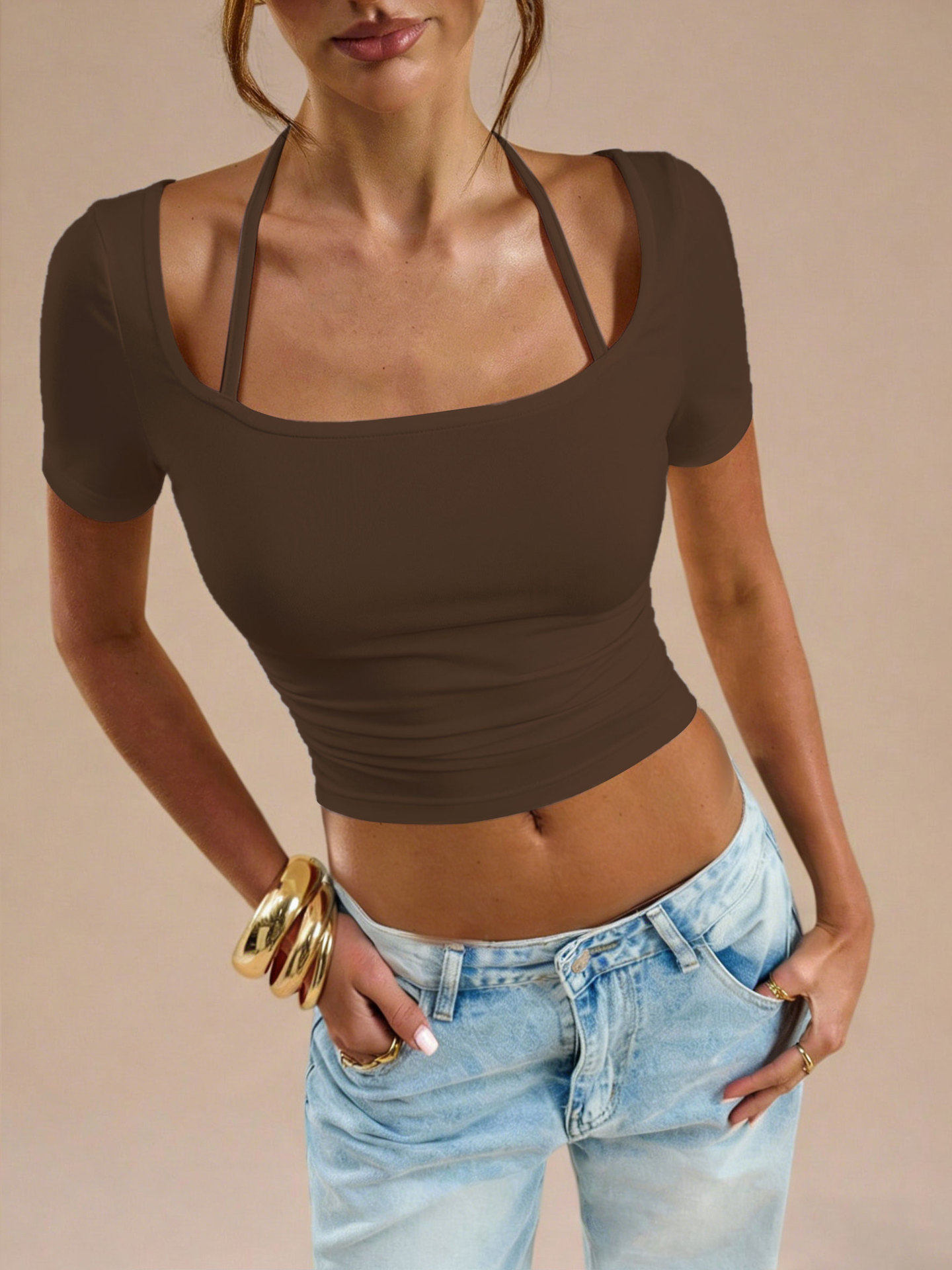 Womens Cropped T Shirt Sweet and Spicy Style Slim Fit Square Neck Short Sleeve Casual Wear Ready to Ship