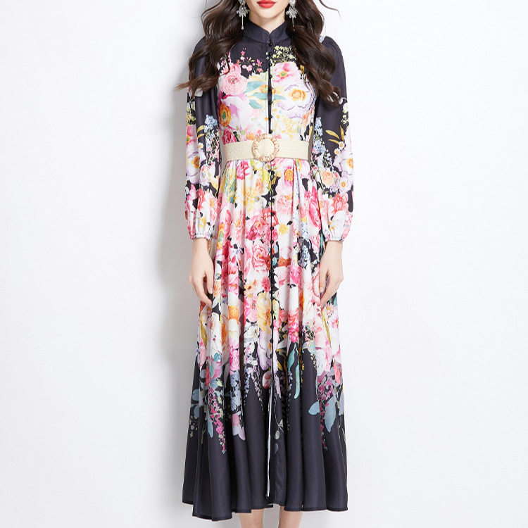 Vintage Floral Print Long Dress Stand Collar Lantern Sleeves Waist Defined Elegant Style Spring Fashion Wholesale