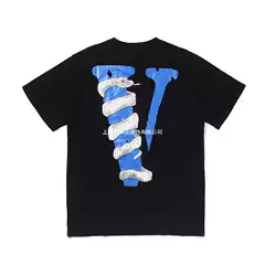 Cross-Border Export Vlone Short-Sleeved Trendy Brand New Big V Snake Print Loose Round Neck Hip-Hop Male and Female Couple T-Shirt