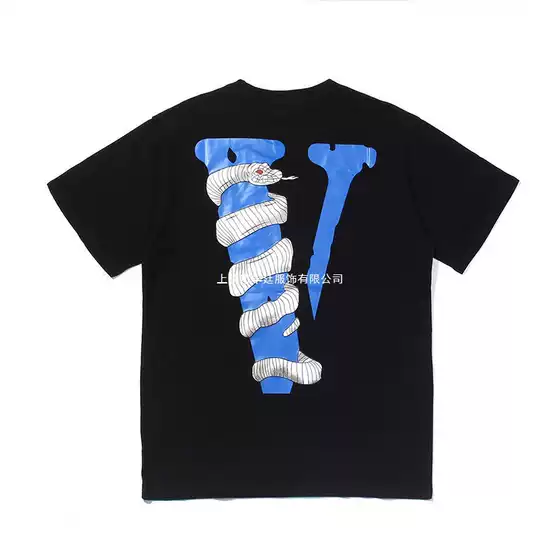 Cross-Border Export Vlone Short-Sleeved Trendy Brand New Big V Snake Print Loose Round Neck Hip-Hop Male and Female Couple T-Shirt