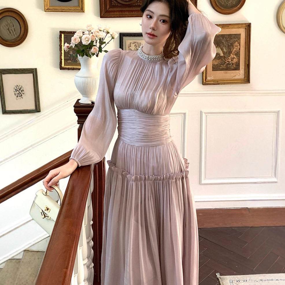 Korean Lantern Sleeve Long Dress Beaded Stand Collar Waist Defining A Line Wrinkled Shiny Fabric Beach Vacation