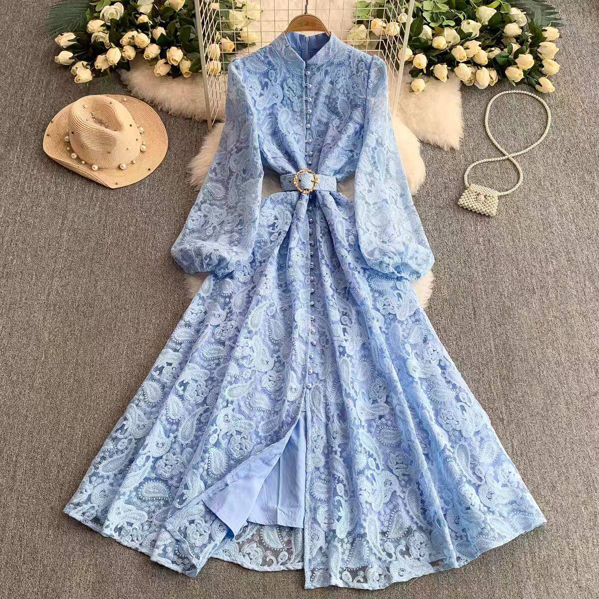 Elegant Womens Dress French Style Lace Slim Fit Button Closure Floral Embroidery Perfect for Formal Occasions