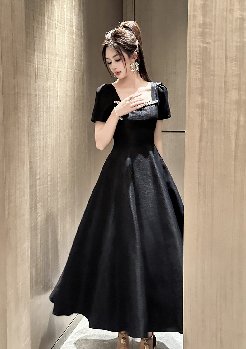 Đầm maxi nữ cổ vuông tay ngắn dáng chữ A cao eo — [Màu đen] chi tiết 10