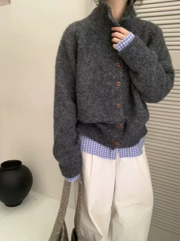 韩系复古立领高领毛衣外套女秋冬软糯糯上衣外穿宽松慵懒针织开衫