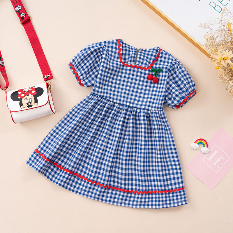 Girls' dress summer new style children's mid-length princess dress baby fresh and cute short-sleeved summer plaid skirt
