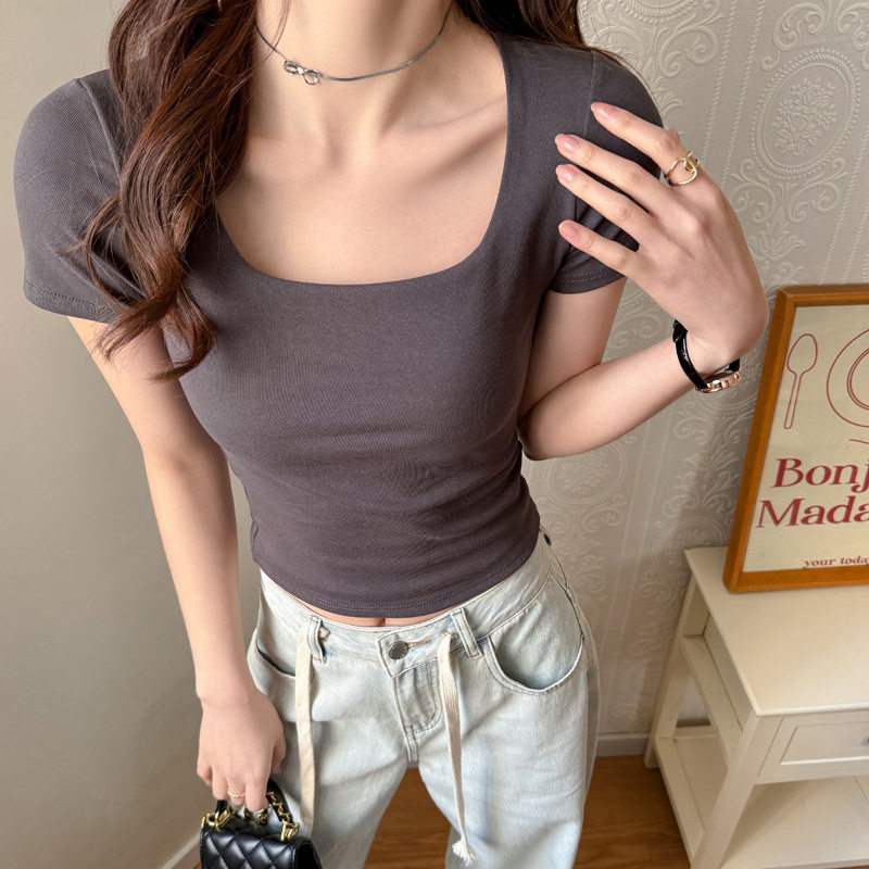 韩系纯棉方领内搭打底衫正肩短袖t恤女式辣妹时尚高级感修身上衣