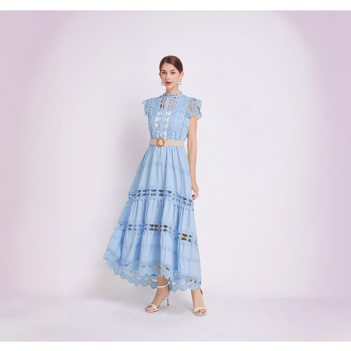 Elegant Sleeveless Dress French Style High Quality Lace Hollow Embroidery Waist Defining Perfect for Formal