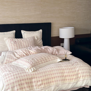 Winter thick warm high weight 300 grams rabbit plush milk velvet four-piece romantic girl heart pink bedding