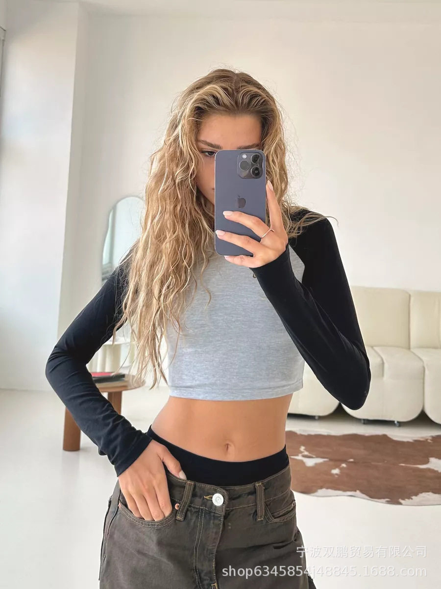 Long Sleeve Cropped T Shirt Slim Fit Color Block Raglan Sleeve Knit Fabric Casual Wear for Autumn and Winter