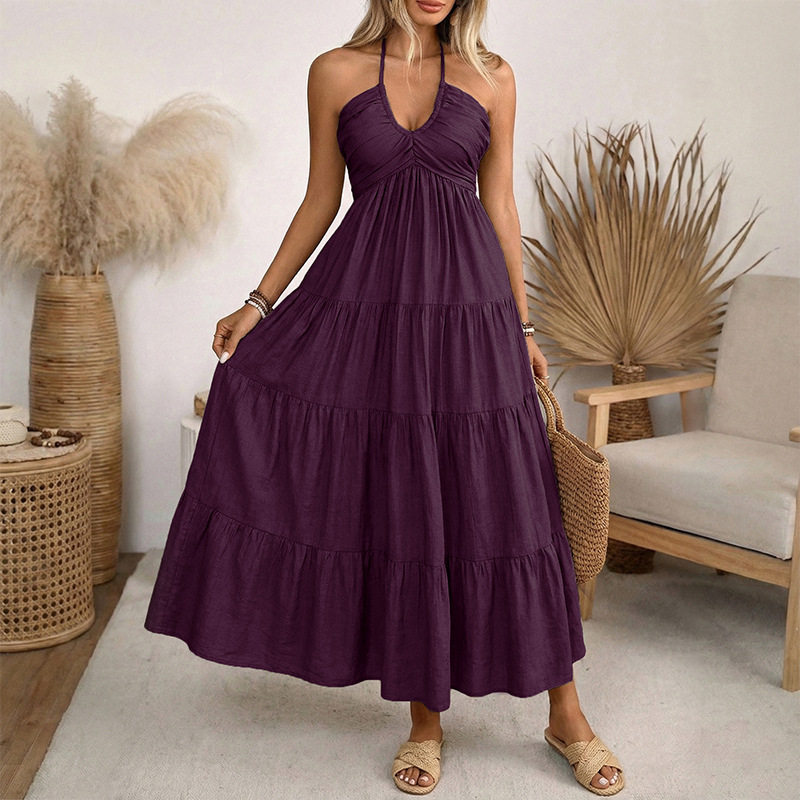 Casual Vacation Style Halter Neck Maxi Dress Solid Color Layered Design Flowy Silhouette Perfect for Summer Events