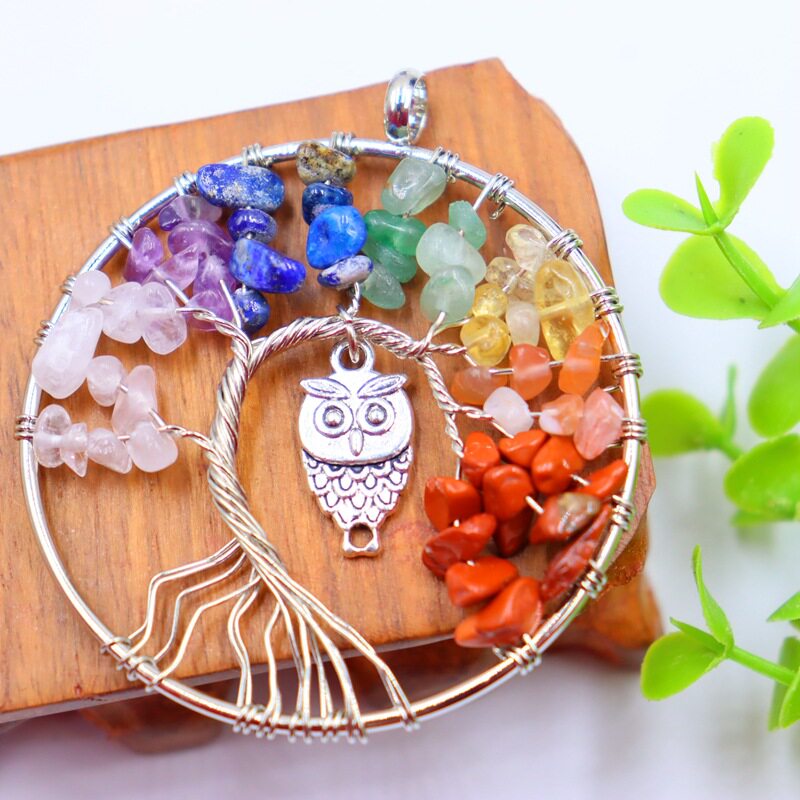 Amazon Natural Crystal Gravel Winding Colorful Life Tree Pendant Necklace Natural Stone Fortune Tree Dream Pendant