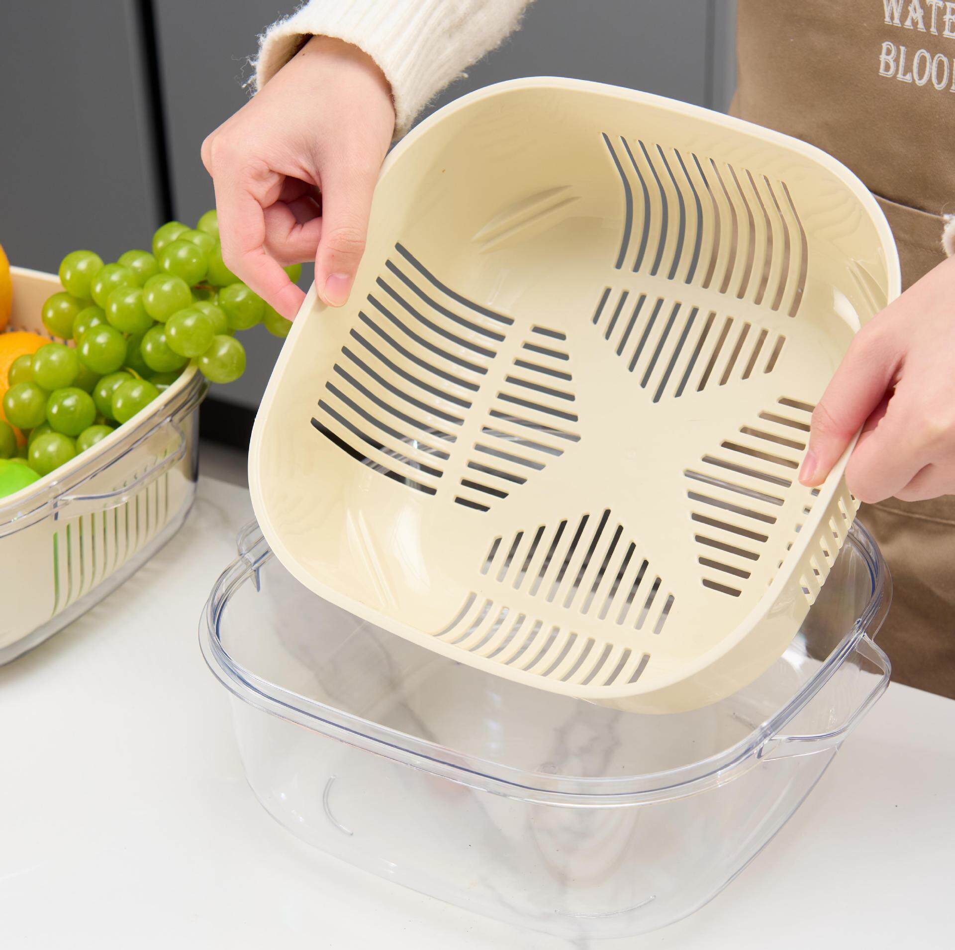 Cream Style Single Layer Drain Basket Fruit and Vegetable Washing Basket Household Thickened Storage Box Kitchen Vegetable Preparation Beige Drain Basket