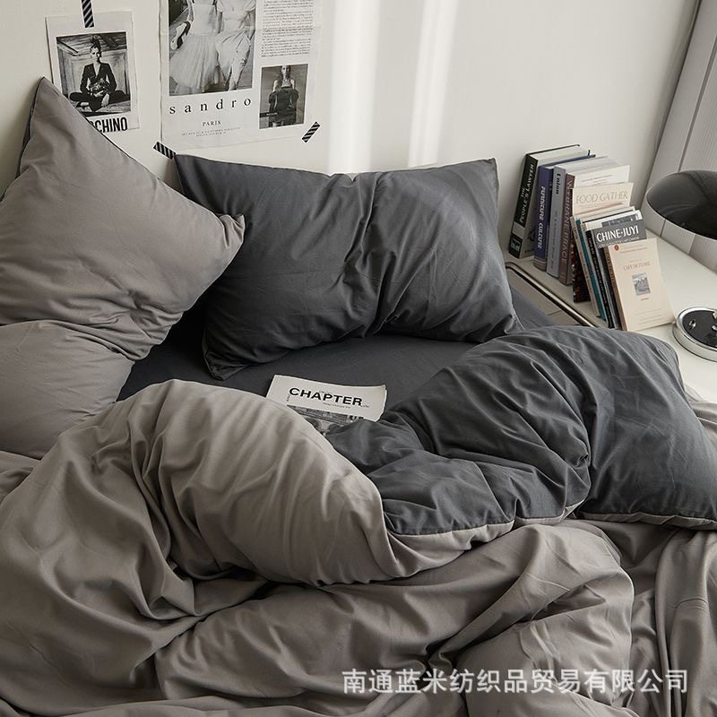 Foreign Trade E-Commerce Healing Haze Gray Pure Color Household Double Four-Piece Set Washed Brushed Dormitory Three-Piece Set