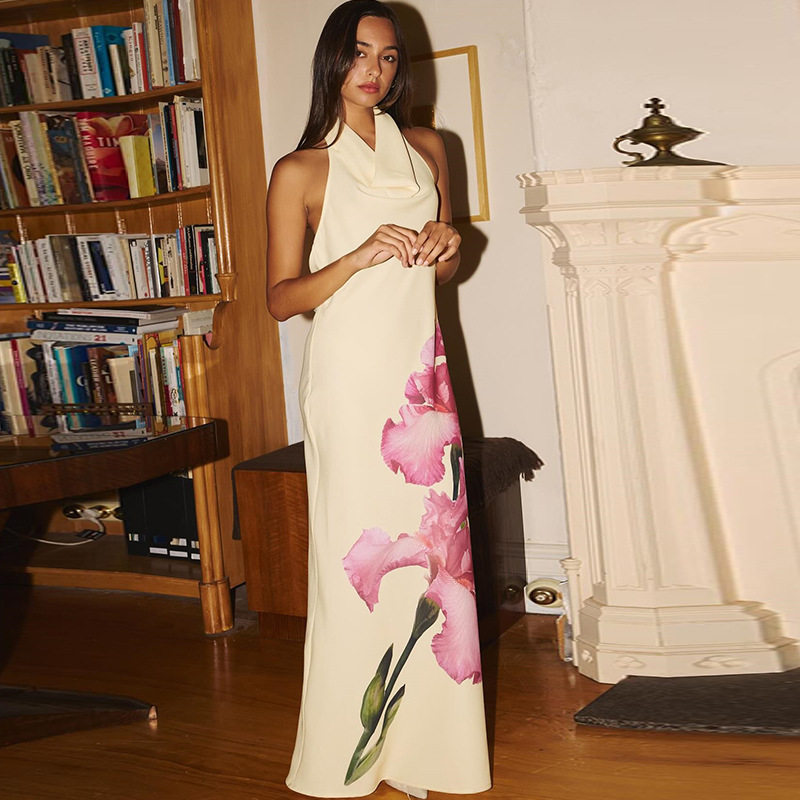 Fashion Floral Print Sleeveless Maxi Dress Sexy Off Shoulder Design Elegant Draped Neckline Perfect for Summer Events