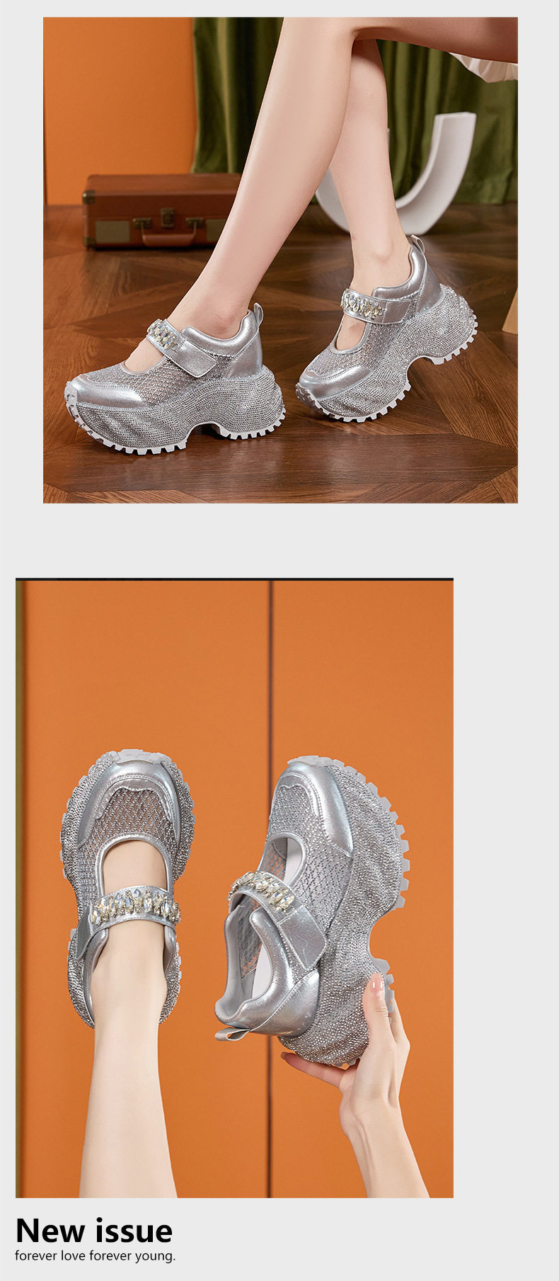 Sandal cao gót nữ hở mũi quai ngang đính đá gót siêu cao 10 cm — Bạc, Đen, Trắng chi tiết 13
