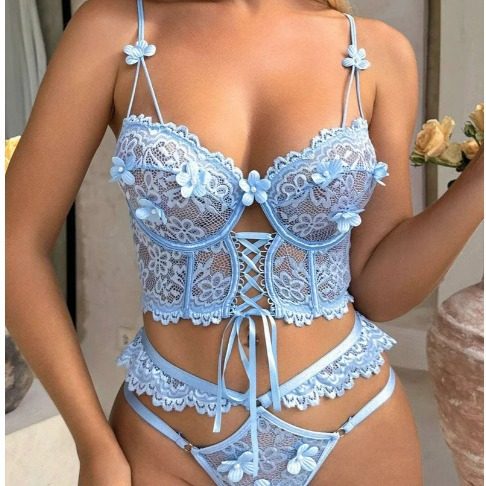 European and American Cross-Border New Products Hot-Selling Strappy Underwire Lace Bra Sexy Beading 3D Small Flower See-Through Intimates Set for Women