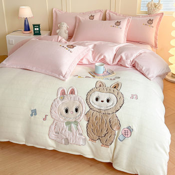 Category a Kidsren's Cartoon Milk Velvet Four-Piece Winter Thickeneded Warm Coral Flannel Bed Sheetss and Quilt Covers Bedding
