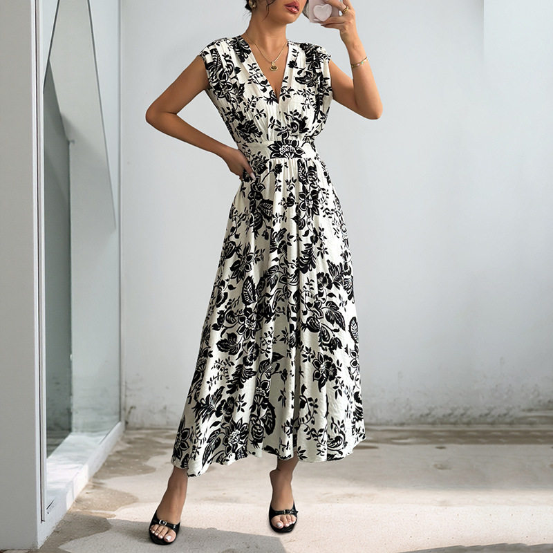 Elegant Black and White Floral Print Sleeveless Dress V Neck Trendy Design Perfect for Summer Events Wholesale