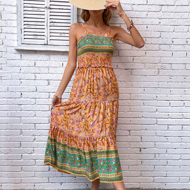 Bohemian Floral Print Ruffle Hem Maxi Dress Summer Style Lightweight Fabric Elegant Draping Wholesale Available
