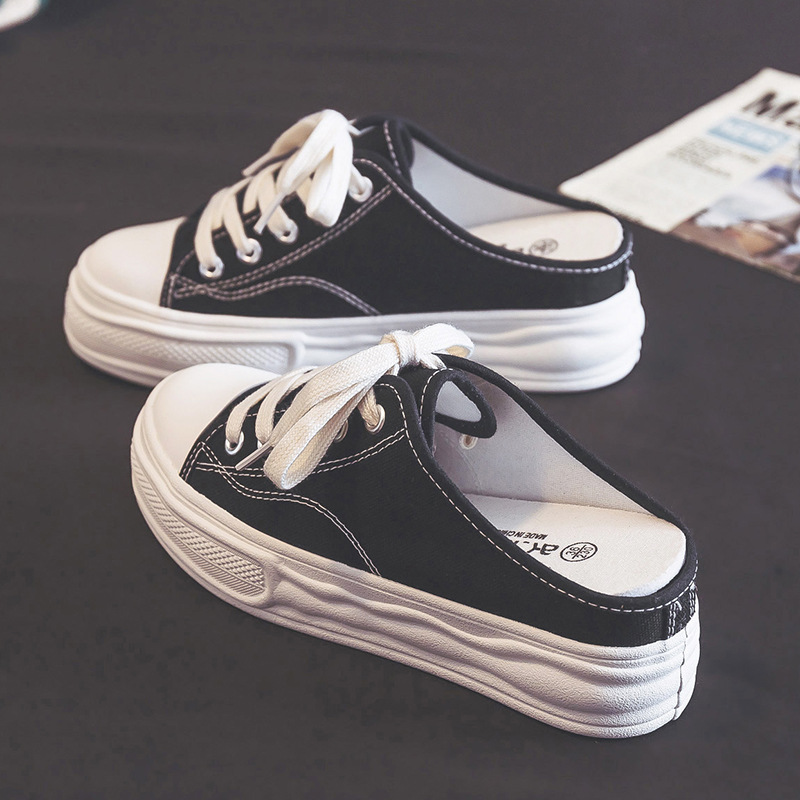 Within the higher Half Drag Canvas Shoe Female 2022Summer New Dissolve End No Heel Thick End A Pedal Lounger Shoe  内增高半拖帆布鞋女2022夏季新款溶解底无后跟厚底一脚蹬懒人鞋子 Within the higher Half Drag Canvas Shoe Female 2022Summer New Dissolve End No Heel Thick End A Pedal Lounger Shoe 