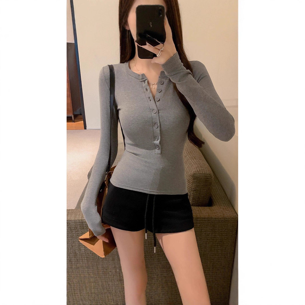 美式辣妹半开领纽扣长袖T恤女秋季新款修身显瘦内搭打底衫上衣潮
