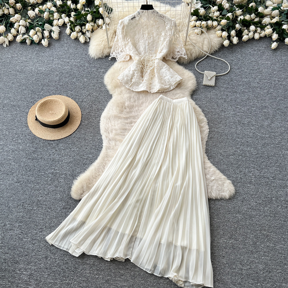 French Style V Neck Lace Embroidered Top with High Waisted Pleated Skirt Elegant Slim Fit Summer Outfit Wholesale