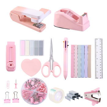 Amazon Cross-Border Macaron Color Stapler Set Office Desk Stationery Scissors Staple Remover Tape Staples