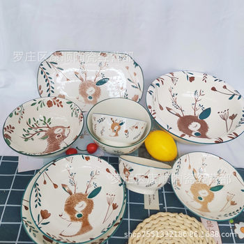 Ceramic bowls and plates wholesale stall Net red deer a deer have you home ceramic bowl soup ancient soup basin ceramic plate