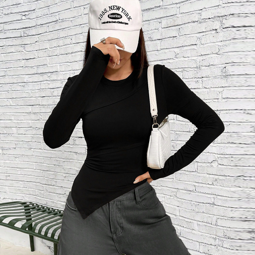 Womens Long Sleeve T Shirt Asymmetrical Neckline Slim Fit Solid Color Knitted Fabric Fall Winter Fashion