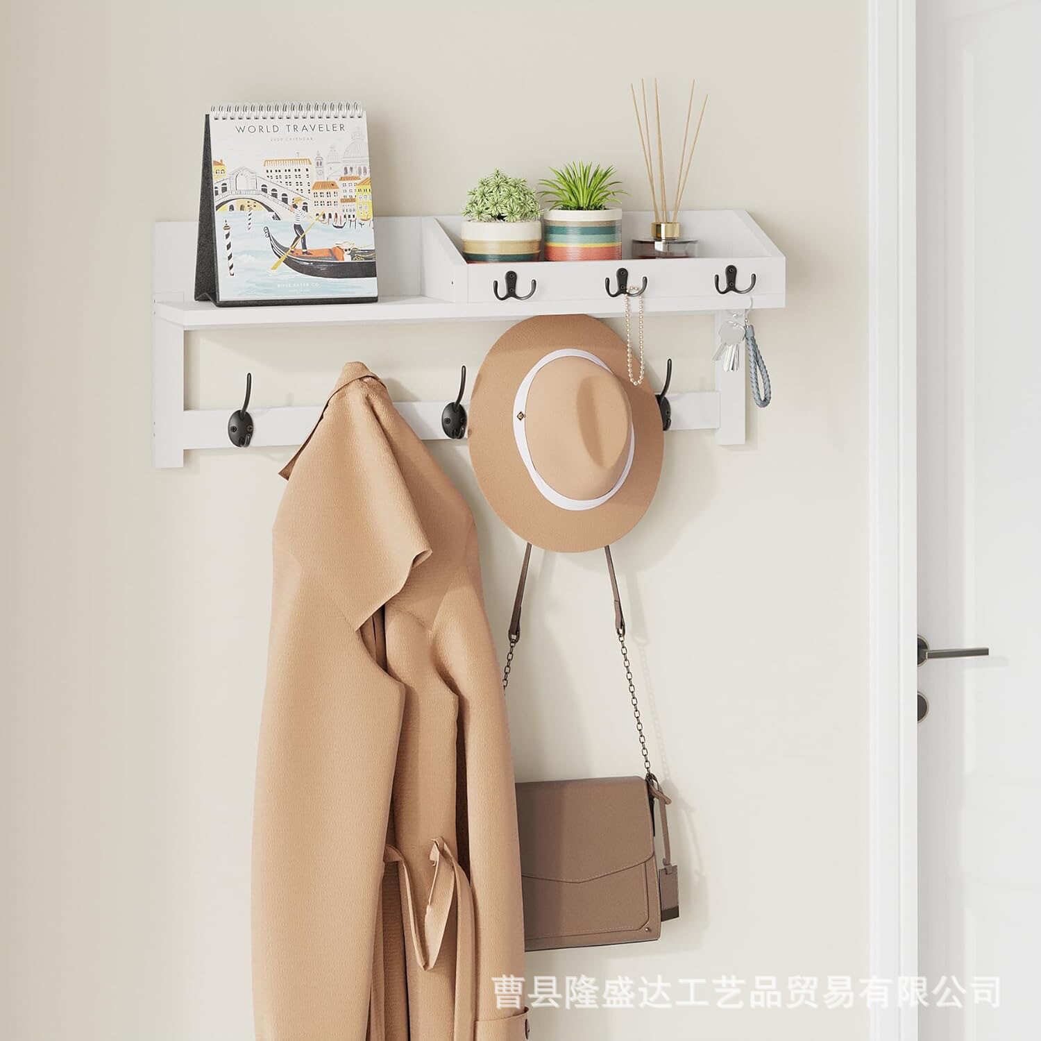 White Storage Rack Entrance Wall Storage Rack with Hook Decorative Rack Key Storage Coat Rack Solid Wood Finishing Rack