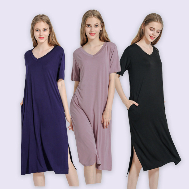 夏新款女装新款韩版V领短袖棉大码莫代尔连衣裙宽松休闲开叉长裙