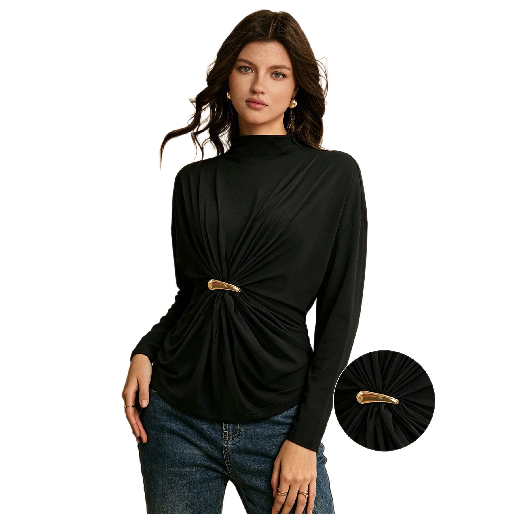 Long Sleeve Turtleneck Top Metal Button Detail Ruched Design Slim Fit Autumn Winter Fashion Wholesale Available