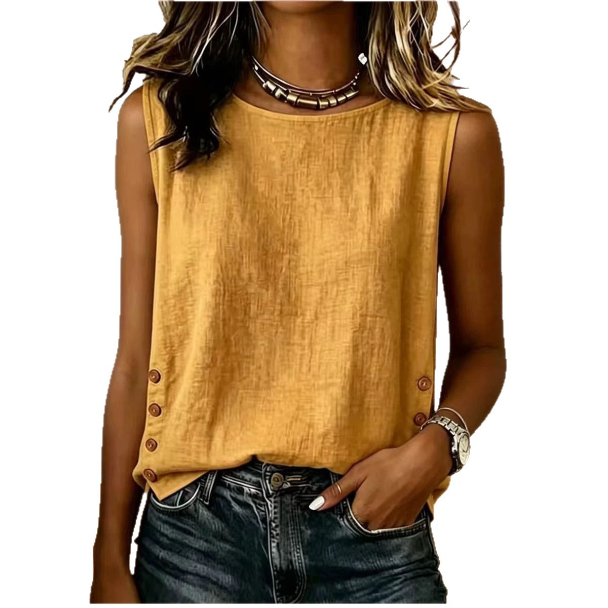 Womens Summer Sleeveless Loose Fit Tank Top Solid Color Round Neck Casual Style Wholesale Available