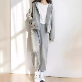 Grey Sports Hooded Sweatshirt suit Women's Top Spring and Autumn 2024 New Hooded Coat Trousers Loose Casual Open