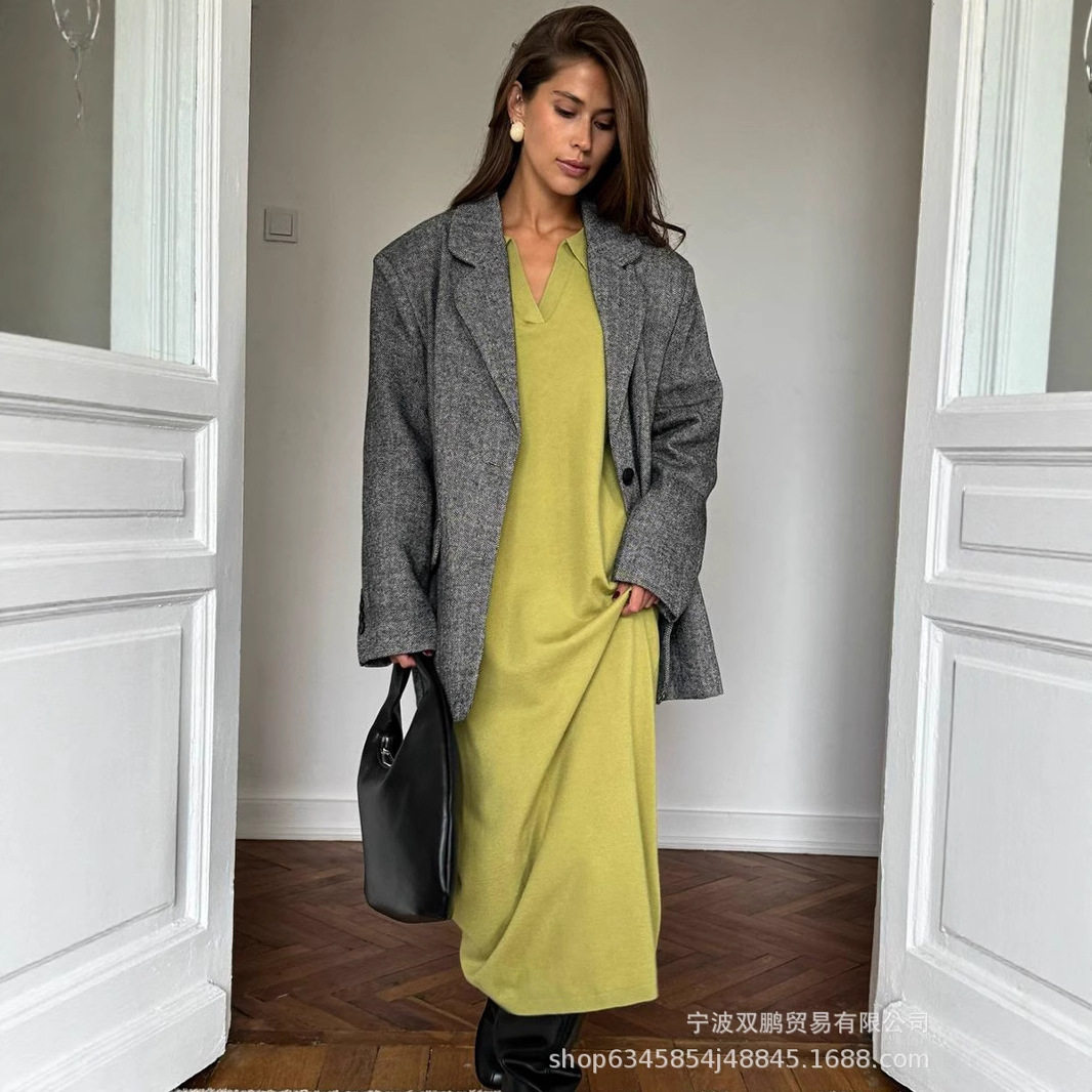 Long Sweater Dress Soft Fabric Scissor Collar Loose Fit Elegant Style Autumn Winter Fashion Wholesale Available
