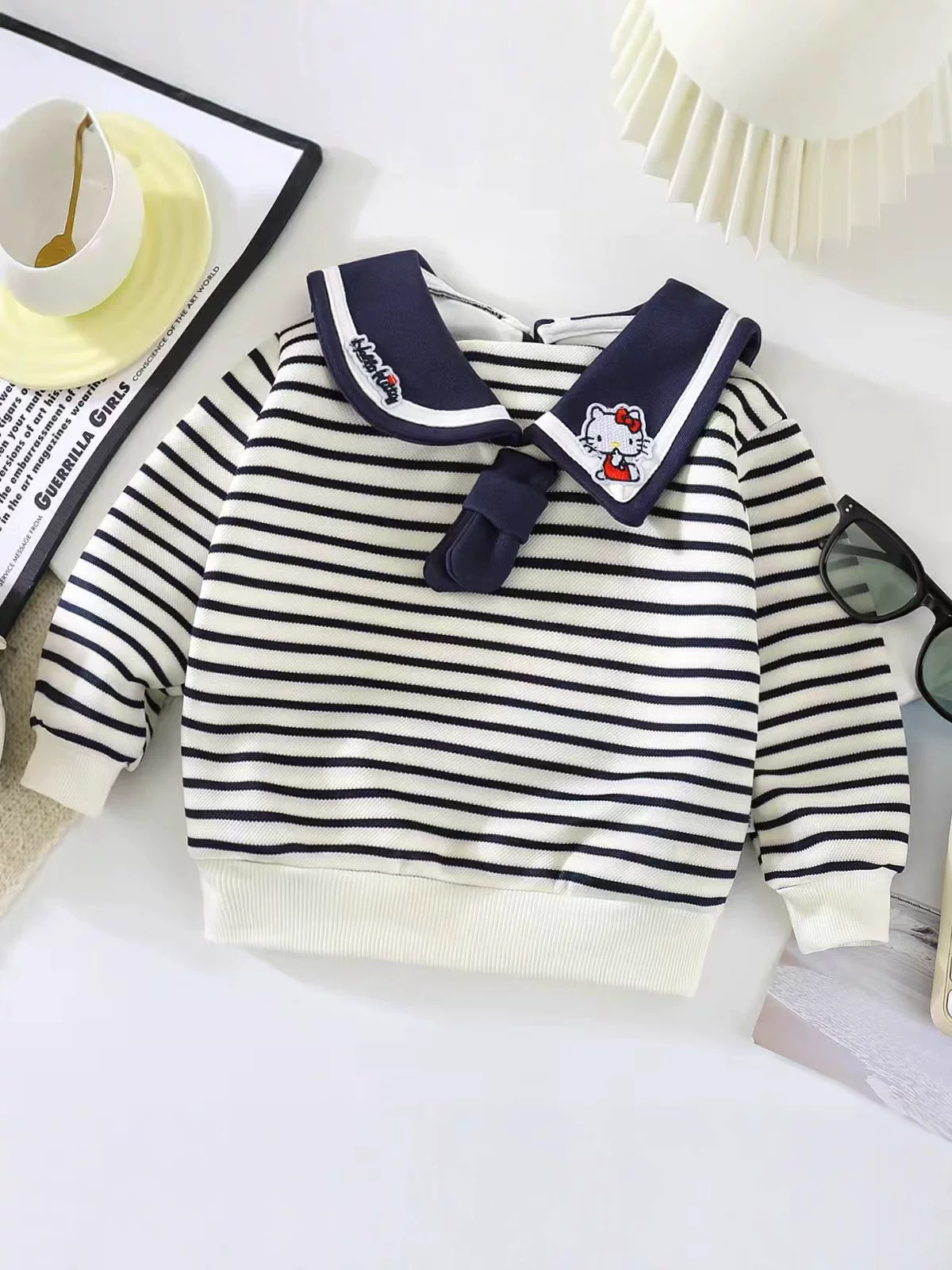Girls' Long-Sleeve Sailor Collar Striped Hoodie, Autumn Toddler Outfit, Baby Girl Sportswear Hoodie