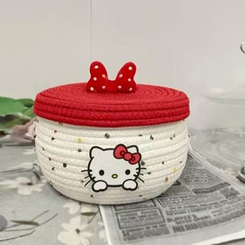Desktop Storage Basket Cute Kt Cat Cotton Rope Woven Storage Basket with Lid