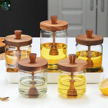 Acacia Wood Storage Jar Honey Jar High Borosilicate Transparent Stirring Bar with Lid Kitchen Storage Sealed Glass Jar