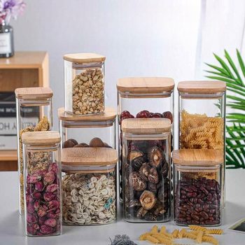 Square Glass Sealed Jar Wenwan Walnut Bracelet Tangerine Peel Agarwood Display Glass Jar Bamboo Lid Grains Collection