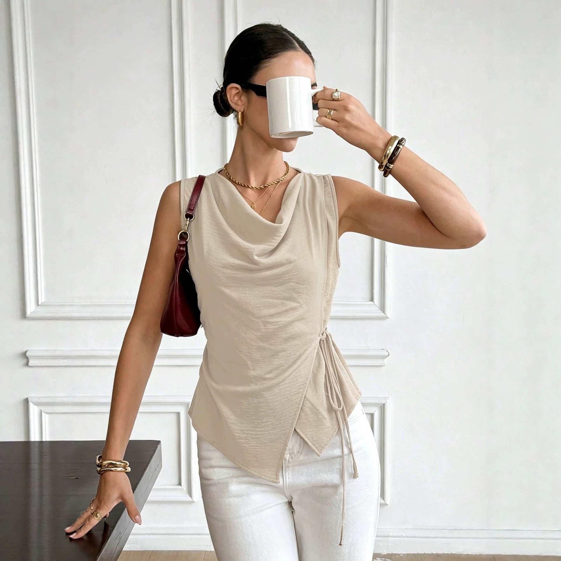 Sleeveless French Style Top Adjustable Drawstring Waist Irregular Hem Elegant Design Perfect for Office and Casual