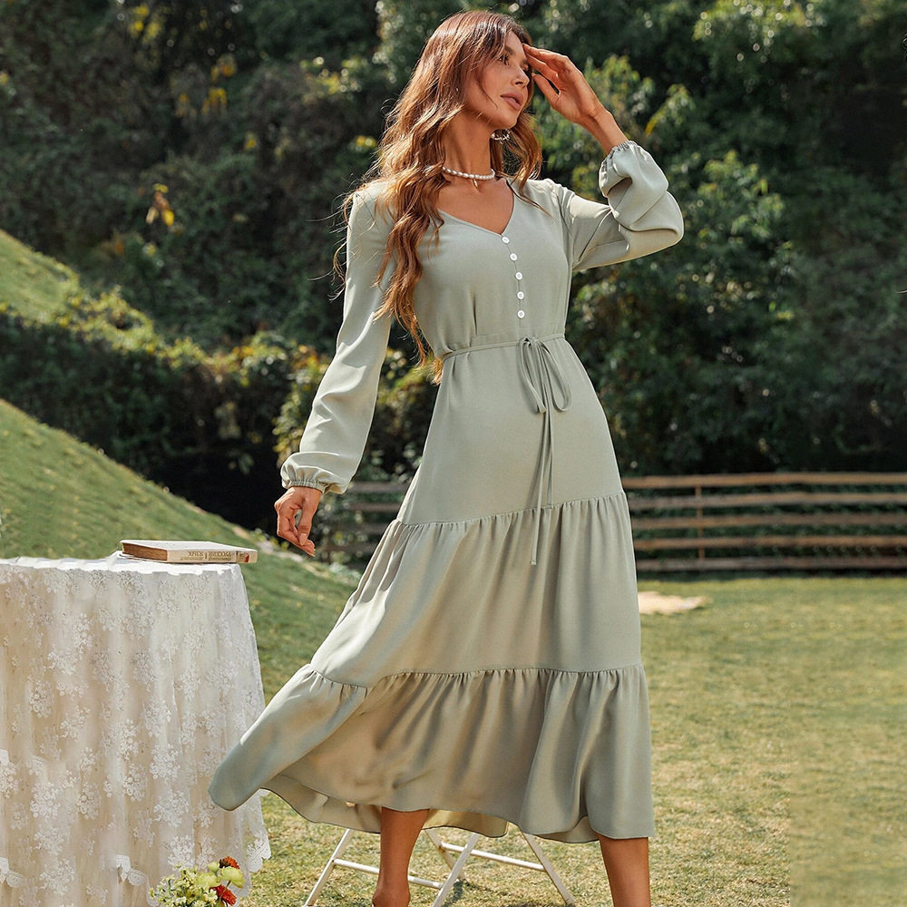 Casual Loose Fit Long Sleeve Ruffle Hem Dress Waist Defined Elegant Style Spring Summer Collection Wholesale Available
