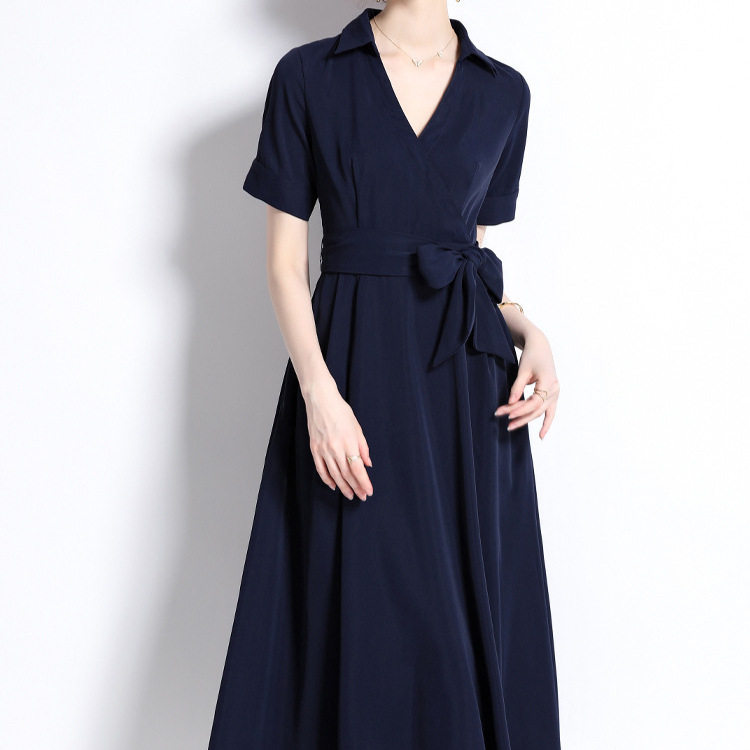 French Style Elegant Short Sleeve Midi Dress High Collar Waist Tie Solid Color Slim Fit Perfect for Casual or
