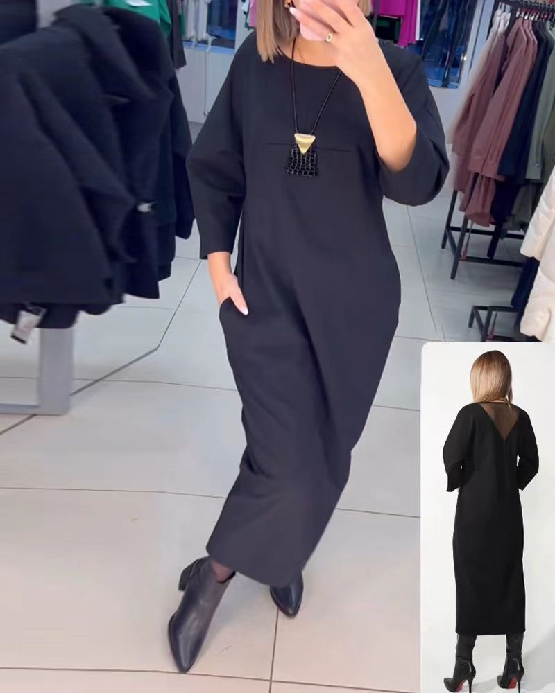 Long Sleeve Pocket Dress Solid Color Round Neck Casual Style Autumn Winter Fashion for Women Wholesale Available